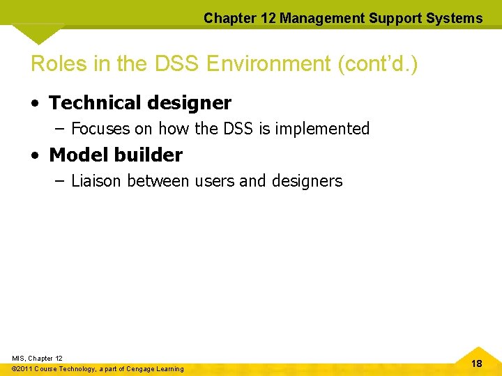 Chapter 12 Management Support Systems Roles in the DSS Environment (cont’d. ) • Technical