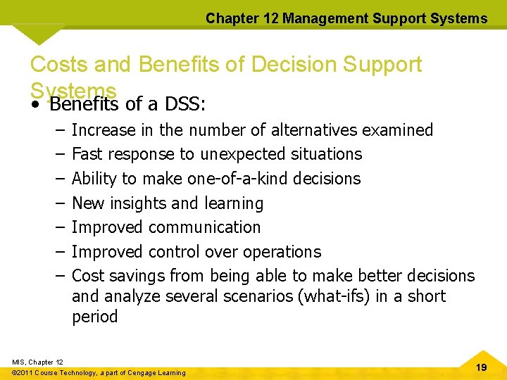 Chapter 12 Management Support Systems Costs and Benefits of Decision Support Systems • Benefits