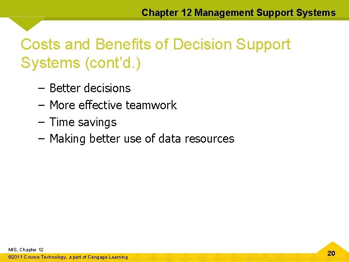 Chapter 12 Management Support Systems Costs and Benefits of Decision Support Systems (cont’d. )