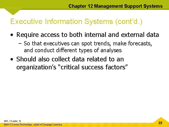 Chapter 12 Management Support Systems Executive Information Systems (cont’d. ) • Require access to