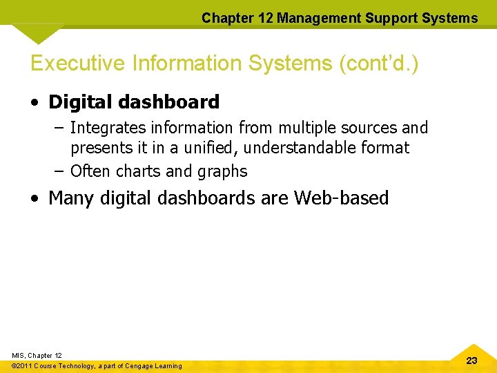 Chapter 12 Management Support Systems Executive Information Systems (cont’d. ) • Digital dashboard –