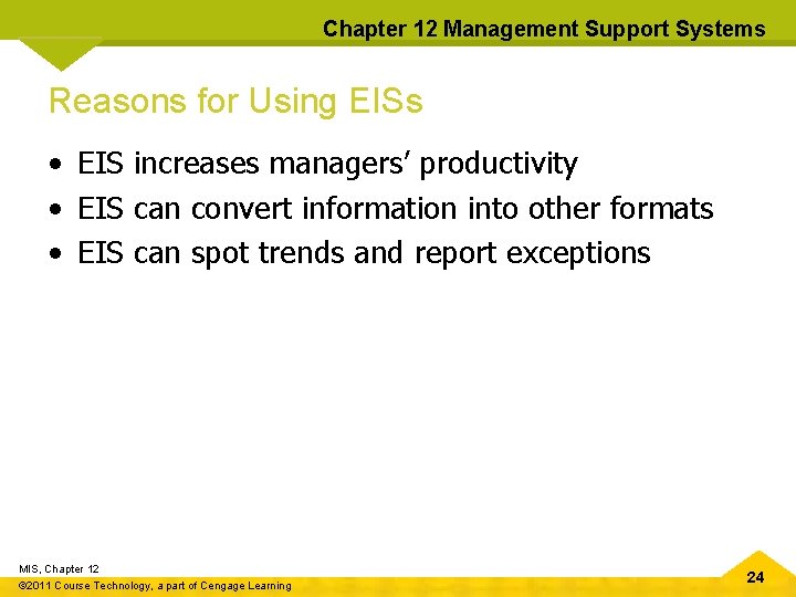 Chapter 12 Management Support Systems Reasons for Using EISs • EIS increases managers’ productivity