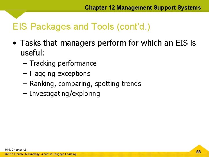 Chapter 12 Management Support Systems EIS Packages and Tools (cont’d. ) • Tasks that