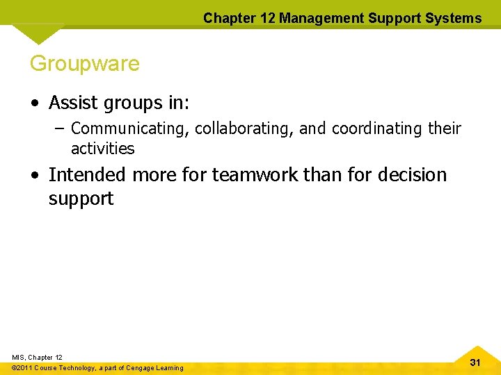 Chapter 12 Management Support Systems Groupware • Assist groups in: – Communicating, collaborating, and
