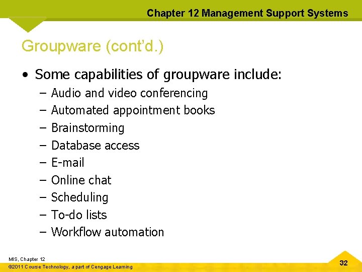 Chapter 12 Management Support Systems Groupware (cont’d. ) • Some capabilities of groupware include:
