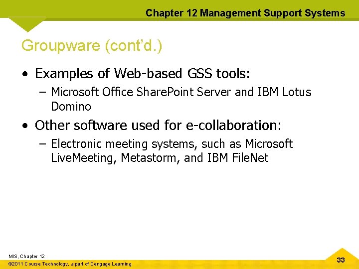 Chapter 12 Management Support Systems Groupware (cont’d. ) • Examples of Web-based GSS tools: