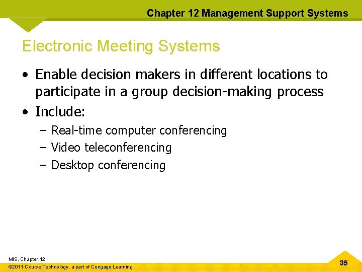 Chapter 12 Management Support Systems Electronic Meeting Systems • Enable decision makers in different