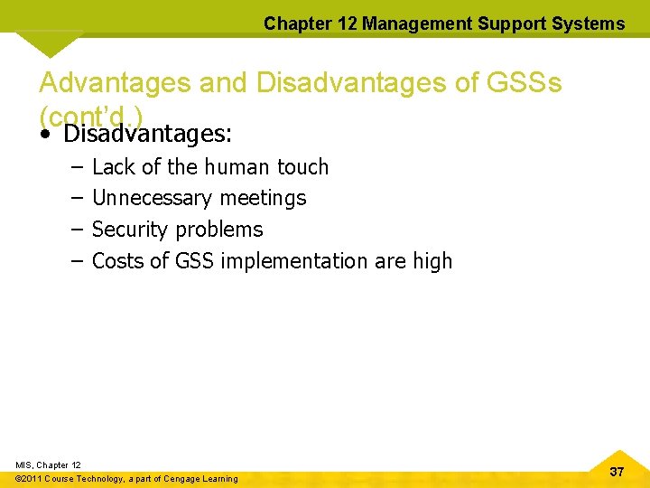 Chapter 12 Management Support Systems Advantages and Disadvantages of GSSs (cont’d. ) • Disadvantages: