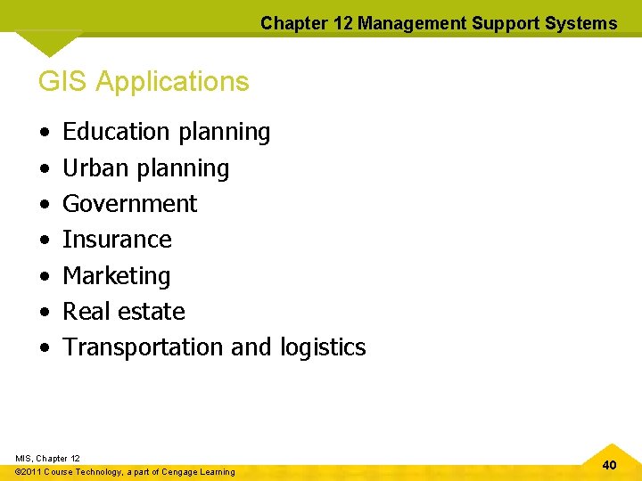 Chapter 12 Management Support Systems GIS Applications • • Education planning Urban planning Government