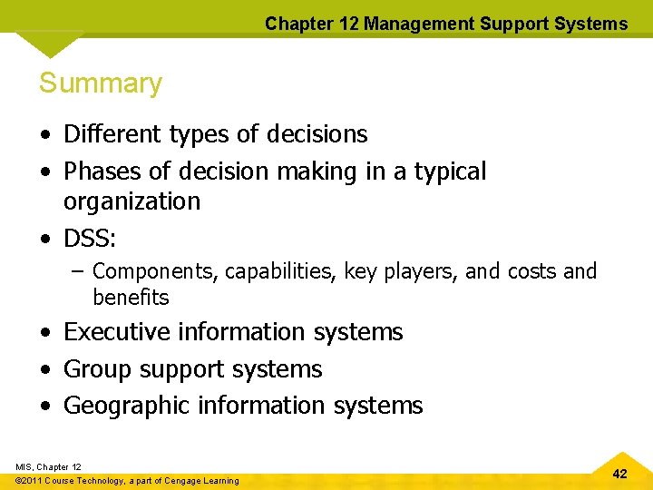 Chapter 12 Management Support Systems Summary • Different types of decisions • Phases of