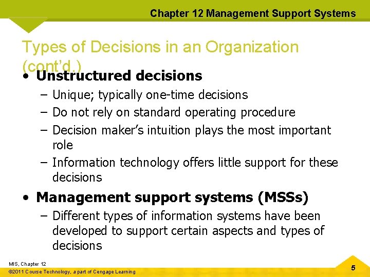 Chapter 12 Management Support Systems Types of Decisions in an Organization (cont’d. ) •