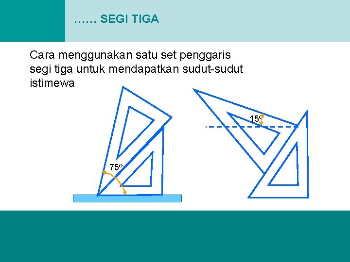 …… SEGI TIGA Cara menggunakan satu set penggaris segi tiga untuk mendapatkan sudut-sudut istimewa