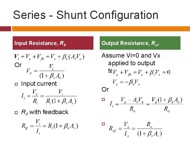 Series - Shunt Configuration Input Resistance, Rif Output Resistance, Rof Or Assume Vi=0 and