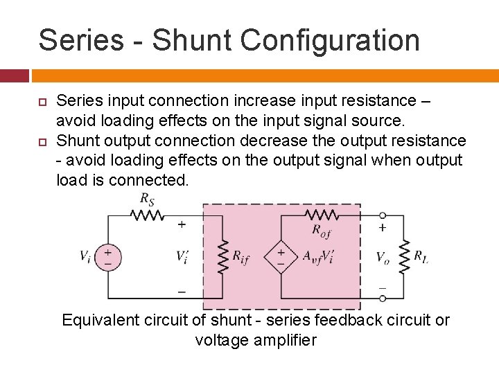 Series - Shunt Configuration Series input connection increase input resistance – avoid loading effects
