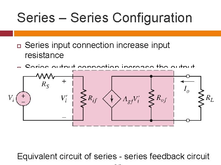 Series – Series Configuration Series input connection increase input resistance Series output connection increase