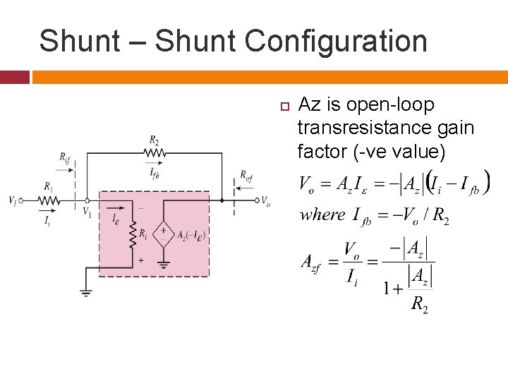 Shunt – Shunt Configuration Az is open-loop transresistance gain factor (-ve value) 
