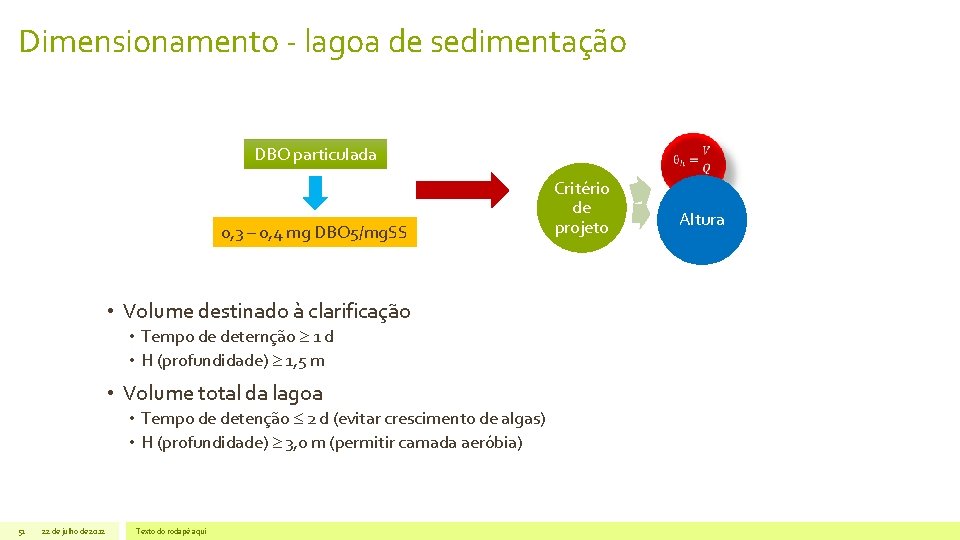 Dimensionamento - lagoa de sedimentação DBO particulada 0, 3 – 0, 4 mg DBO