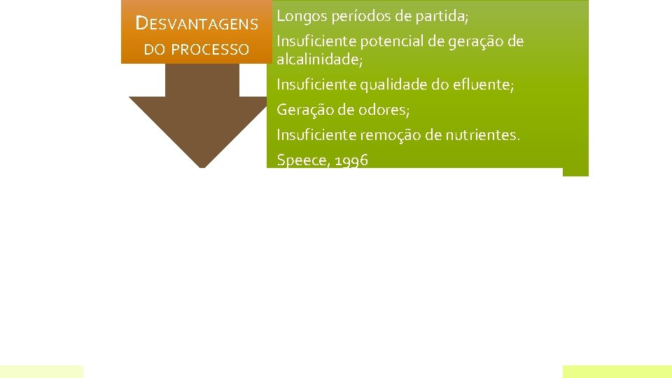 DESVANTAGENS DO PROCESSO Longos períodos de partida; Insuficiente potencial de geração de alcalinidade; Insuficiente