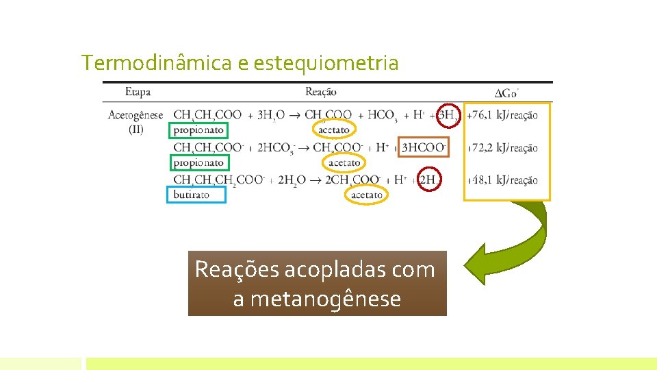 Termodinâmica e estequiometria Reações acopladas com a metanogênese CH 4 