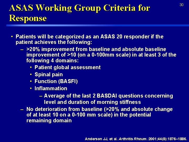 ASAS Working Group Criteria for Response 30 • Patients will be categorized as an