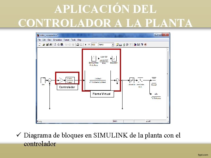 APLICACIÓN DEL CONTROLADOR A LA PLANTA Controlador Planta Virtual ü Diagrama de bloques en
