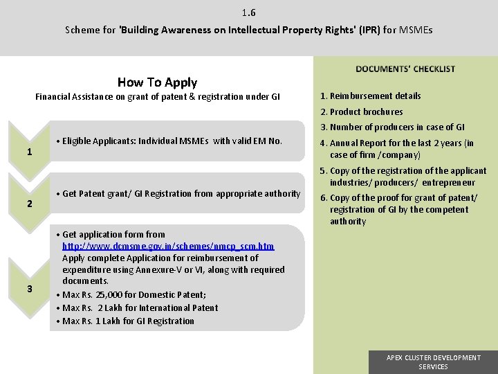 1. 6 Scheme for 'Building Awareness on Intellectual Property Rights' (IPR) for MSMEs How 1. 6 Scheme for 'Building Awareness on Intellectual Property Rights' (IPR) for MSMEs How