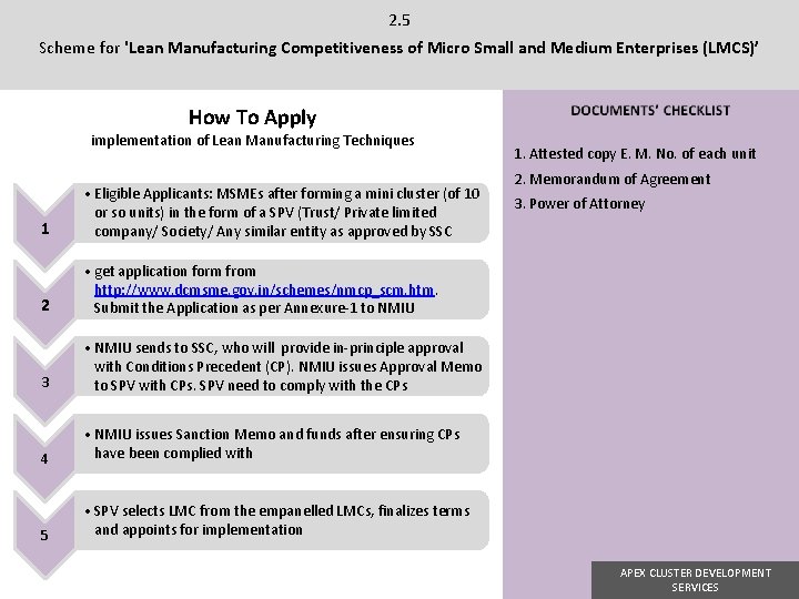2. 5 Scheme for 'Lean Manufacturing Competitiveness of Micro Small and Medium Enterprises (LMCS)’ 2. 5 Scheme for 'Lean Manufacturing Competitiveness of Micro Small and Medium Enterprises (LMCS)’