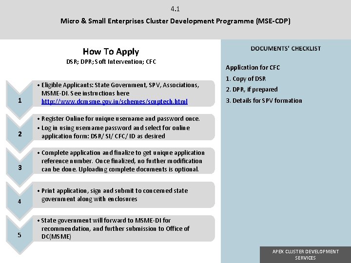 4. 1 Micro & Small Enterprises Cluster Development Programme (MSE-CDP) How To Apply DSR; 4. 1 Micro & Small Enterprises Cluster Development Programme (MSE-CDP) How To Apply DSR;