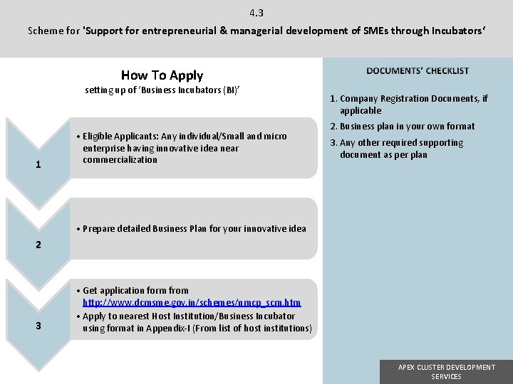 4. 3 Scheme for 'Support for entrepreneurial & managerial development of SMEs through Incubators‘ 4. 3 Scheme for 'Support for entrepreneurial & managerial development of SMEs through Incubators‘