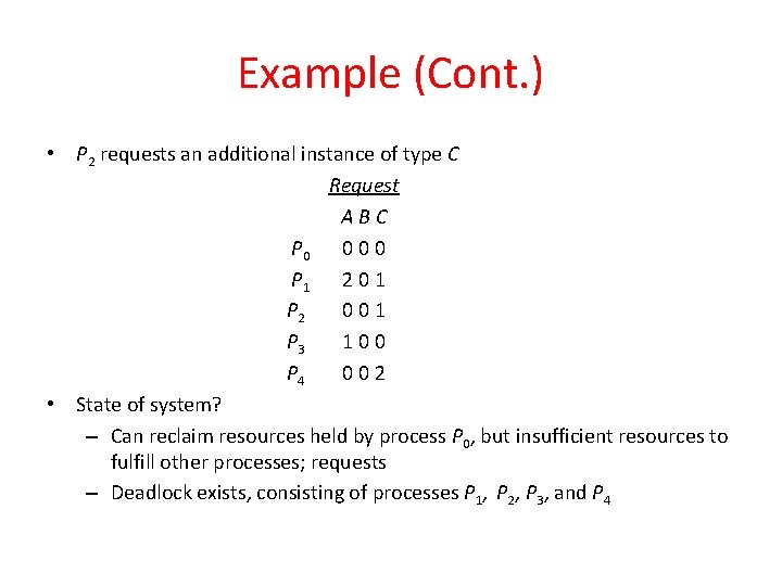 Example (Cont. ) • P 2 requests an additional instance of type C Request Example (Cont. ) • P 2 requests an additional instance of type C Request