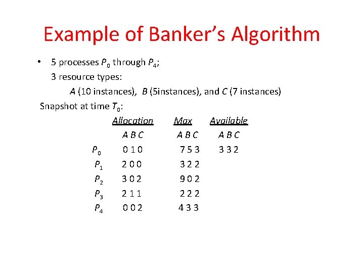 Example of Banker’s Algorithm • 5 processes P 0 through P 4; 3 resource Example of Banker’s Algorithm • 5 processes P 0 through P 4; 3 resource
