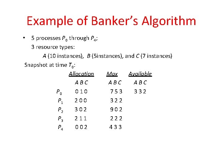 Example of Banker’s Algorithm • 5 processes P 0 through P 4; 3 resource