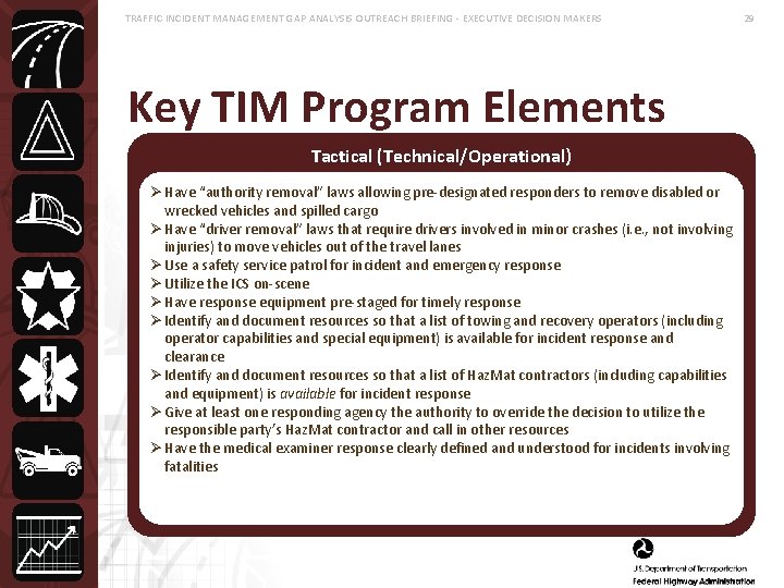 TRAFFIC INCIDENT MANAGEMENT GAP ANALYSIS OUTREACH BRIEFING - EXECUTIVE DECISION MAKERS Key TIM Program