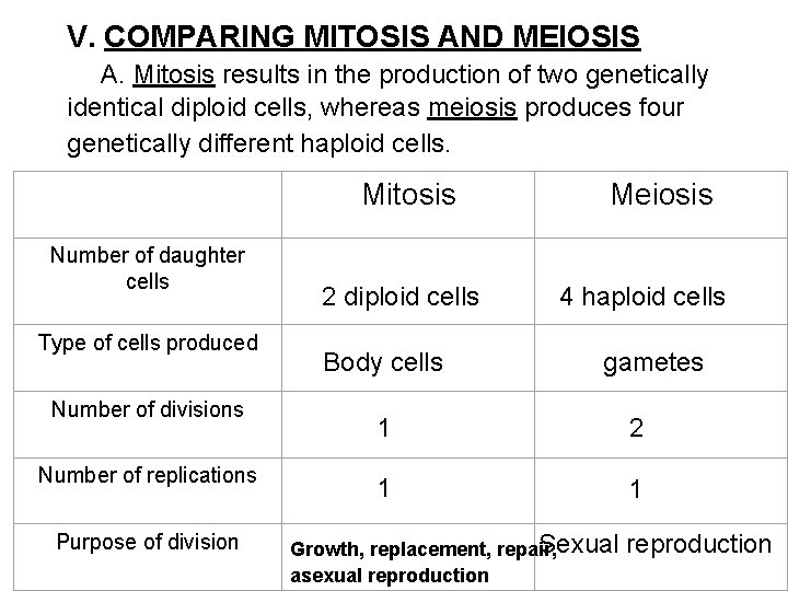 V. COMPARING MITOSIS AND MEIOSIS A. Mitosis results in the production of two genetically