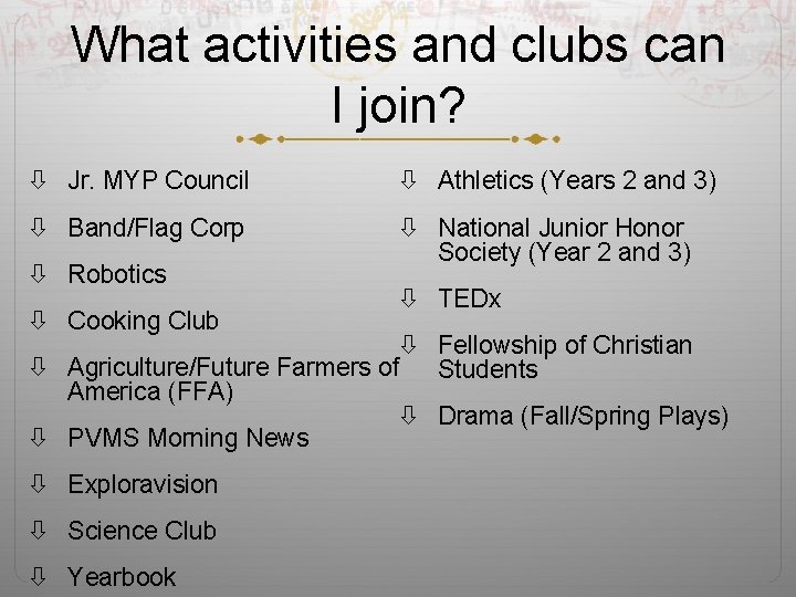 What activities and clubs can I join? Jr. MYP Council Athletics (Years 2 and