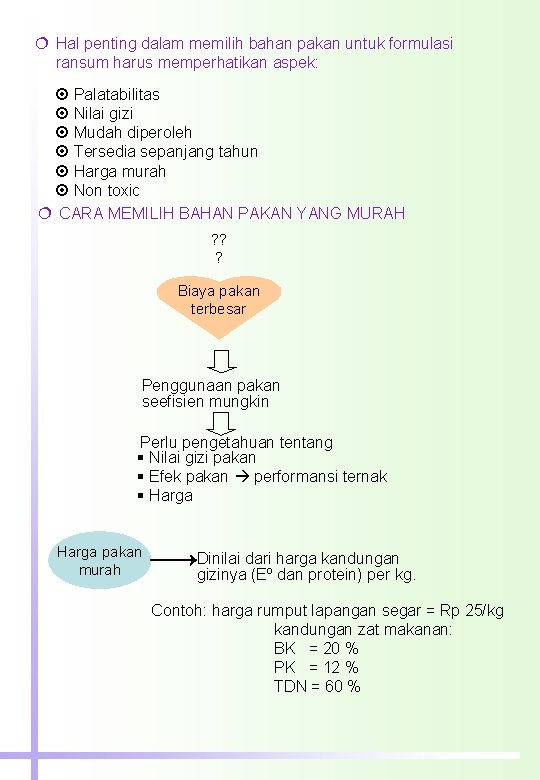 ¦ Hal penting dalam memilih bahan pakan untuk formulasi ransum harus memperhatikan aspek: Palatabilitas