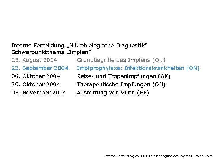 Interne Fortbildung „Mikrobiologische Diagnostik“ Schwerpunktthema „Impfen“ 25. August 2004 Grundbegriffe des Impfens (ON) 22.