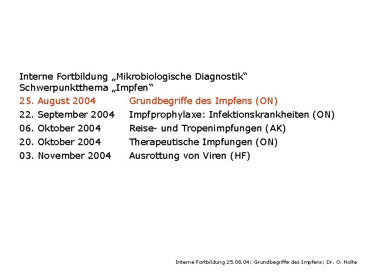 Interne Fortbildung „Mikrobiologische Diagnostik“ Schwerpunktthema „Impfen“ 25. August 2004 Grundbegriffe des Impfens (ON) 22.