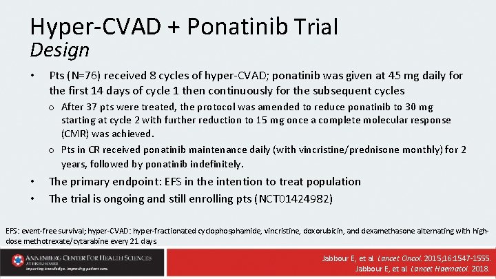 Hyper-CVAD + Ponatinib Trial Design • Pts (N=76) received 8 cycles of hyper-CVAD; ponatinib