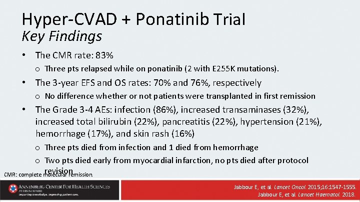 Hyper-CVAD + Ponatinib Trial Key Findings • The CMR rate: 83% o Three pts