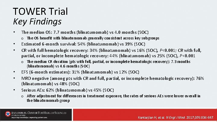 TOWER Trial Key Findings • The median OS: 7. 7 months (blinatumomab) vs 4.