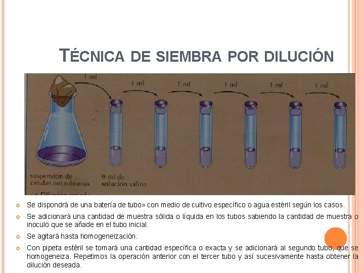 TÉCNICA DE SIEMBRA POR DILUCIÓN Se dispondrá de una batería de tubo» con medio