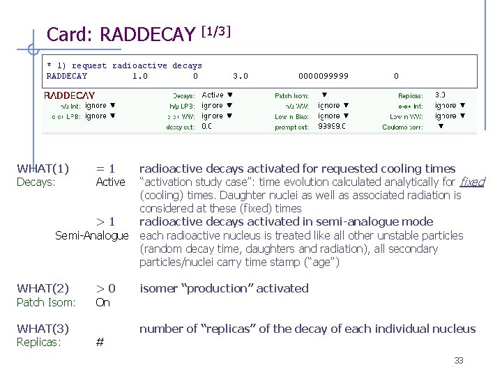 Card: RADDECAY [1/3] * 1) request radioactive decays RADDECAY 1. 0 0 WHAT(1) Decays: