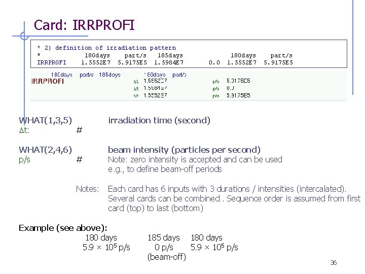 Card: IRRPROFI * 2) definition of irradiation pattern * 180 days part/s 185 days