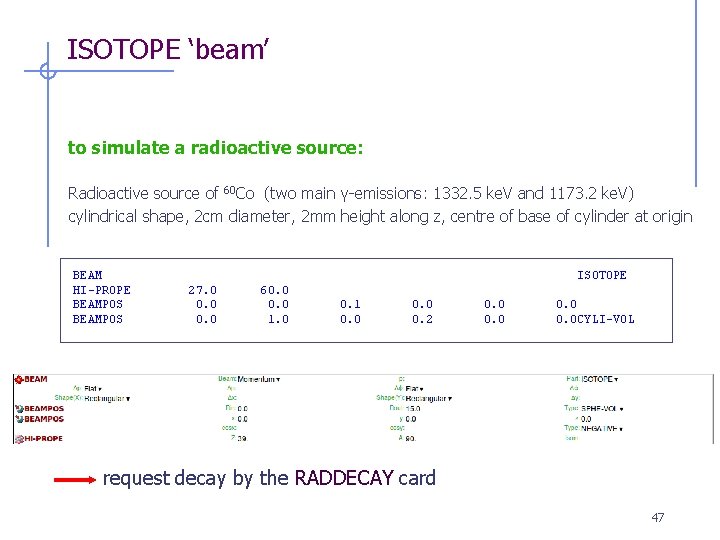 ISOTOPE ‘beam’ to simulate a radioactive source: Radioactive source of 60 Co (two main