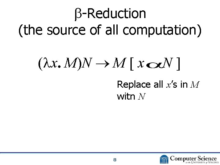  -Reduction (the source of all computation) ( x. M)N M [ x N]