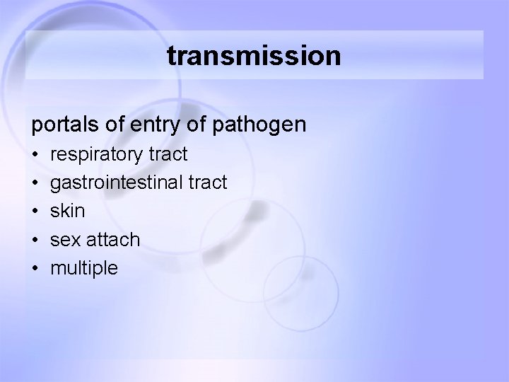 transmission portals of entry of pathogen • • • respiratory tract gastrointestinal tract skin