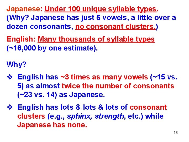 Japanese: Under 100 unique syllable types. (Why? Japanese has just 5 vowels, a little