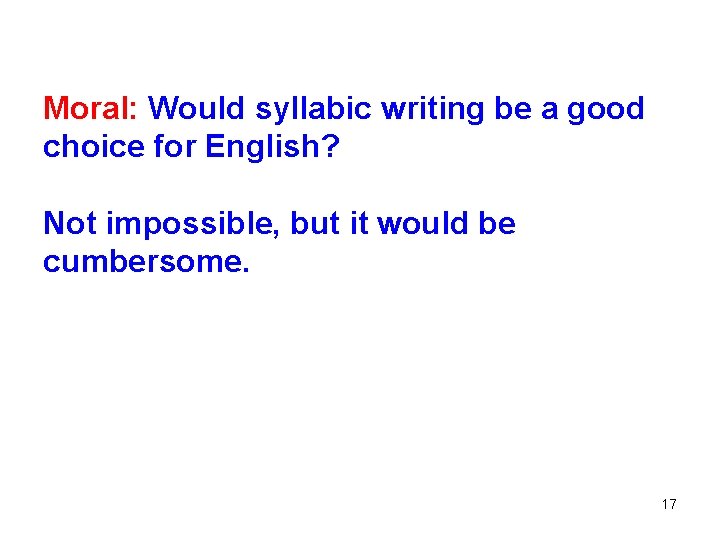 Moral: Would syllabic writing be a good choice for English? Not impossible, but it