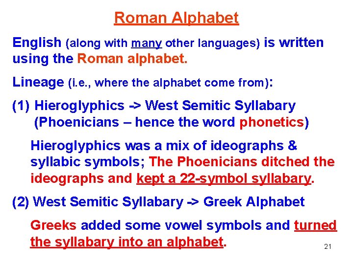 Roman Alphabet English (along with many other languages) is written using the Roman alphabet.